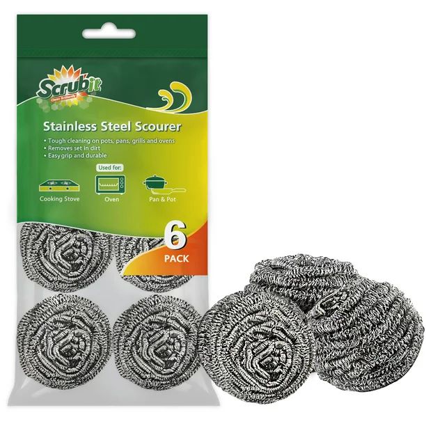 Scrubit Stainless Steel Scourers Steel Wool Scrubber Pad, 6 Pack - Walmart.com | Walmart (US)