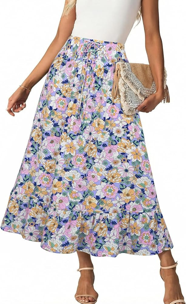 BLENCOT Women's Boho Floral Maxi Skirt High Waisted Smocked Tiered A-Line Long Skirts | Amazon (US)