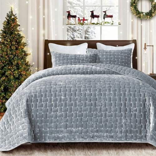 Grassix Luxury Velvet Quilt Set King Size, 3 Pieces Lightweight Velvet Comforter with Pillow Sham... | Amazon (US)