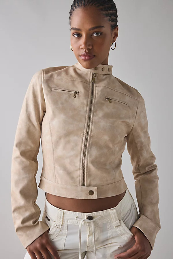 Lioness Bella Faux Leather Cropped Moto Jacket in Beige, Women's at Urban Outfitters | Urban Outfitters (US and RoW)