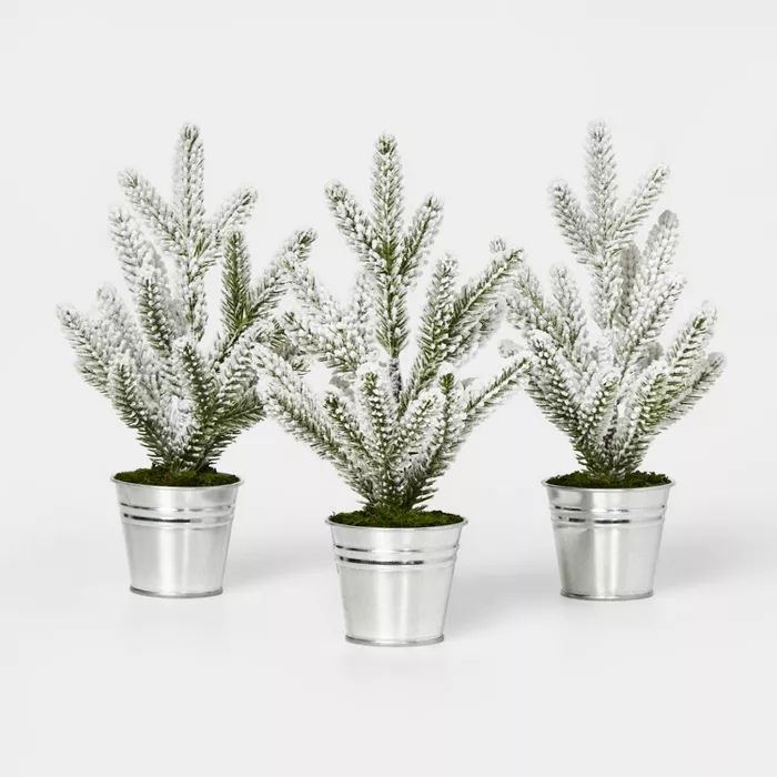 3pk Flocked Mini Tree in Galvanized Bucket Silver - Wondershop&#8482; | Target