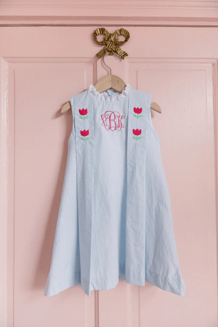 TSF x Shelby Back Blue Gingham Embroidered Tulip Dress | The Smocked Flamingo