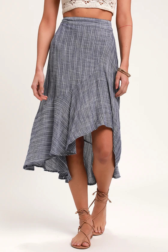 By the Bay Washed Blue and White Striped Ruffled Midi Skirt | Lulus