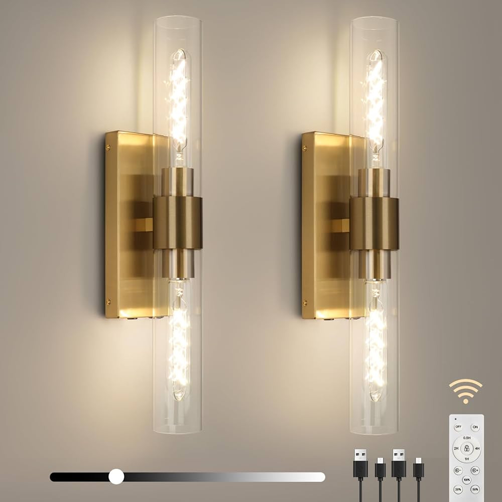 Brass Wall Sconce Set of Two, Battery Operated Wall Sconce, Gold Wall Lamp with Remote Controls, ... | Amazon (US)
