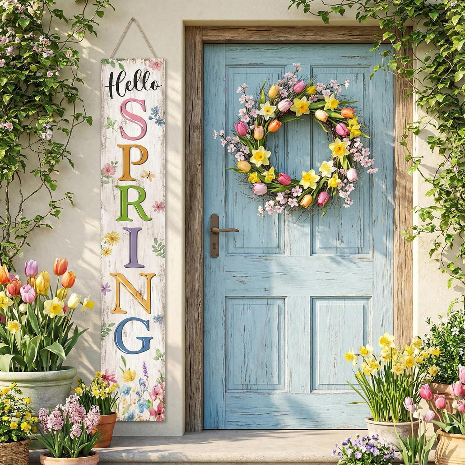 2 in 1 Hello Spring Porch Sign 47" Double Sided Happy Easter Welcome Sign for Front Porch Wooden ... | Amazon (US)
