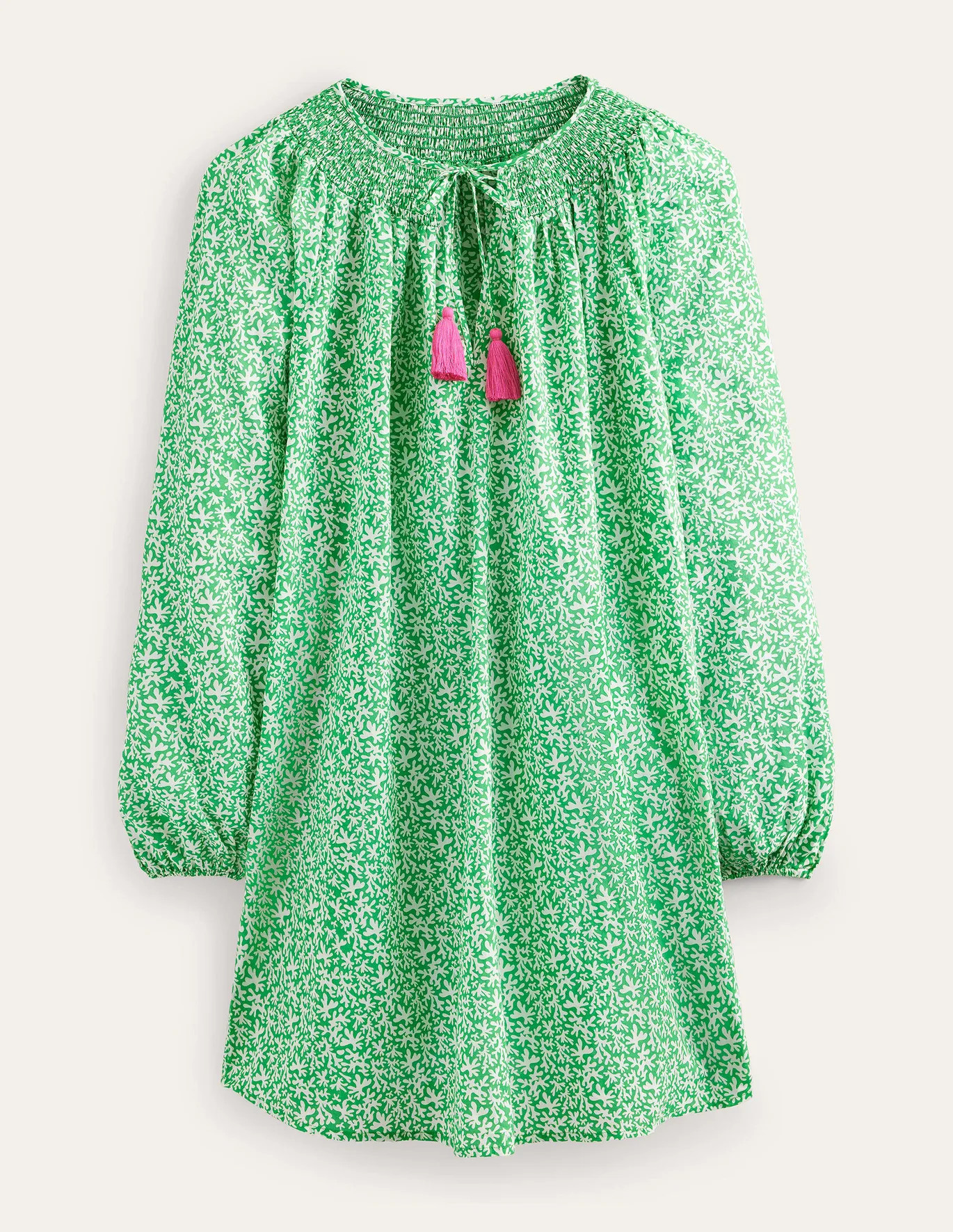Smocked Neck Beach Kaftan - Bright Green, Abstract Foliage | Boden (US)
