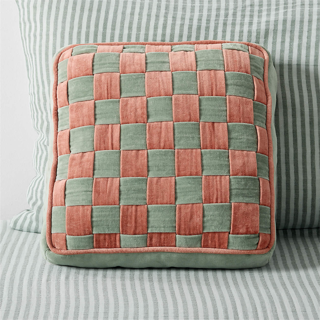 Checkerboard Verte Green and Copper Brown Velvet Kids Throw Pillow + Reviews | Crate & Kids | Crate & Barrel