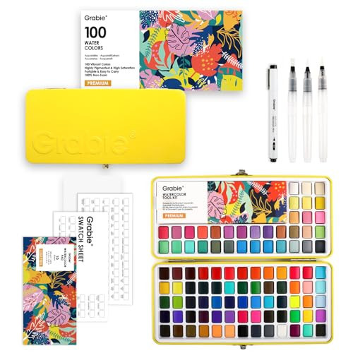 Grabie 100 Colors Premium All-In-One Watercolor Paint Set - 50 Essential, 35 Metallic, 10 Pastels, 5 Neon Hues - Portable Case, Brush Pens, Paper Pad, Waterproof Fineliner Pen, Beginner & Professional | Amazon (US)