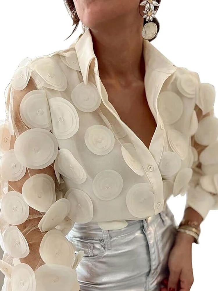 UOOZEE Women's Long Sleeve Dressy Casual Blouse Button Down Sheer Polka Dot Cocktail Party Tops S... | Amazon (US)