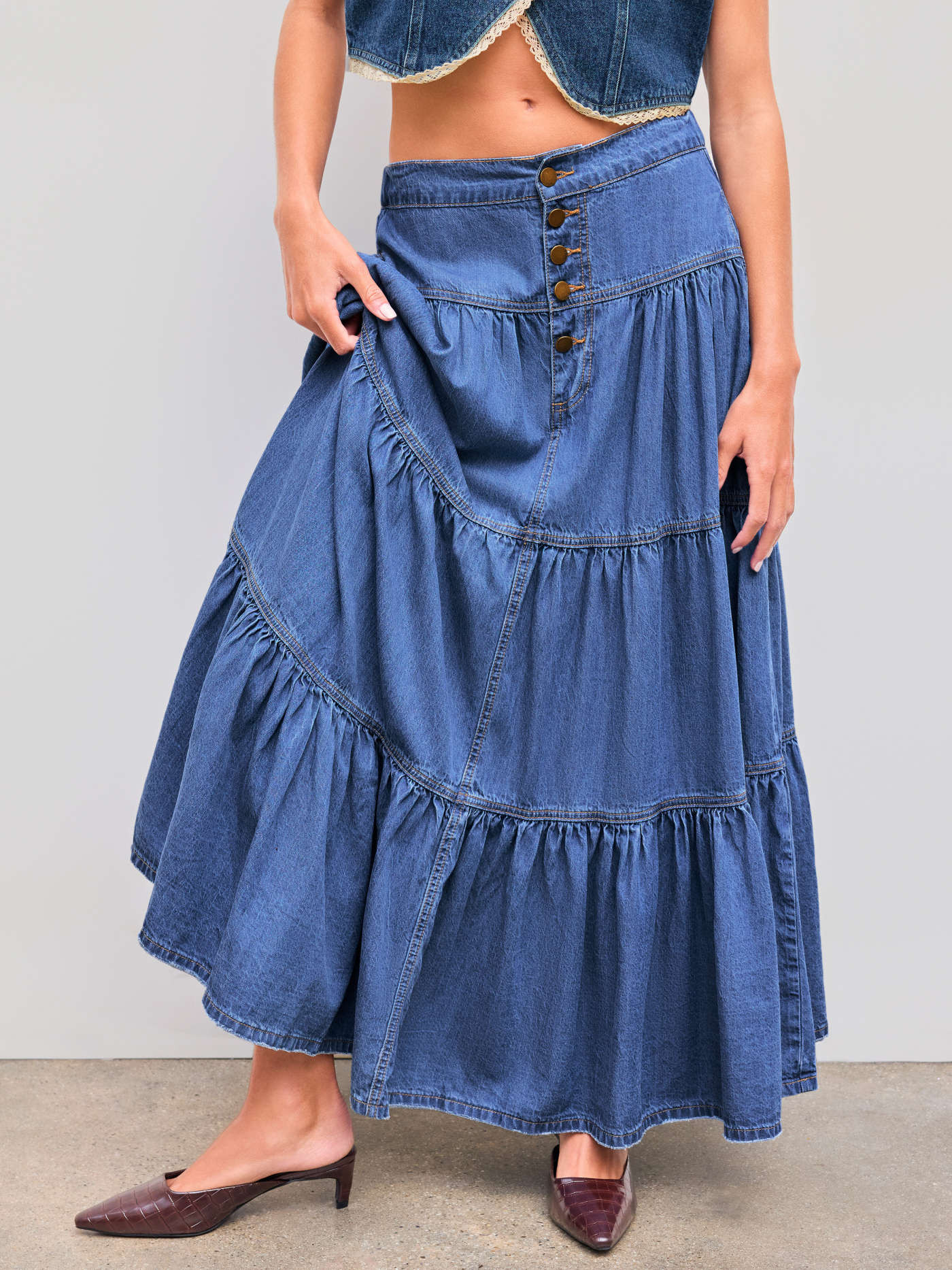 Denim High Rise Solid Tiered Button Pocket Maxi Skirt | Cider