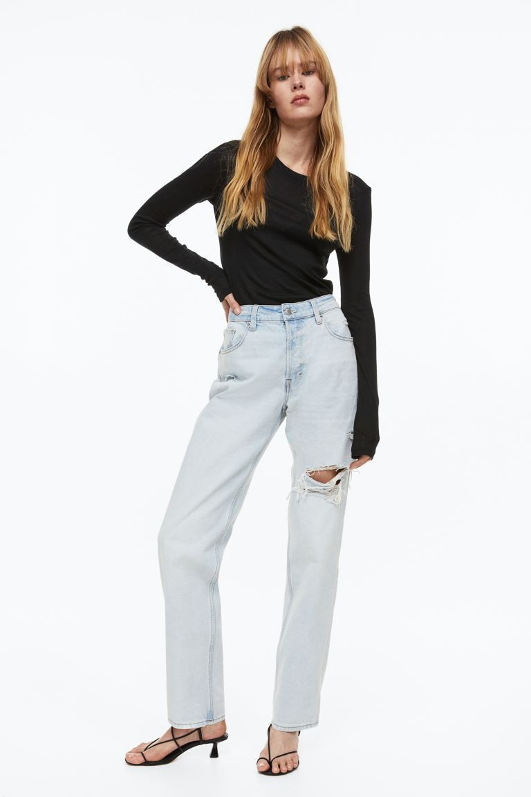 90s Boyfriend Fit High Jeans - Light denim blue/trashed - Ladies | H&M US | H&M (US + CA)