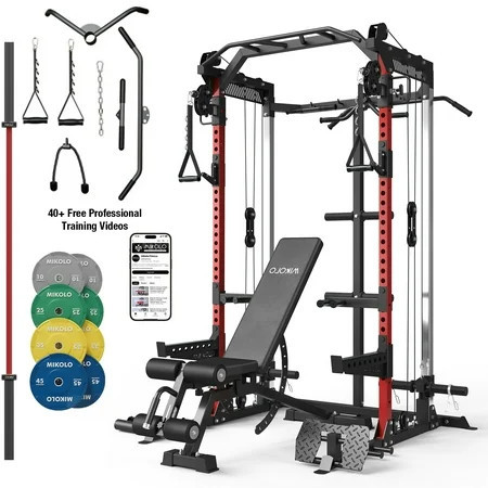 Mikolo Power Cage, Squat Rack with Dual Pulley Cable Crossover System, Multifunction Free Weight Home Gym Workout Machine with Attachments Red | Walmart (US)