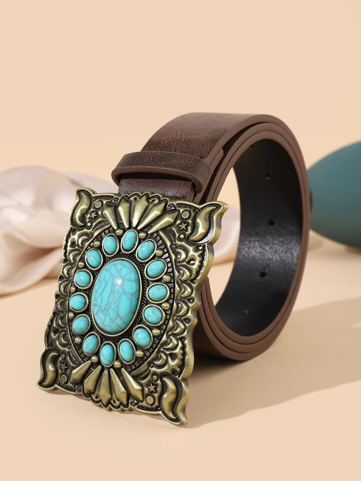 Turquoise Decor Square Buckle Belt With Hole Punch | SHEIN