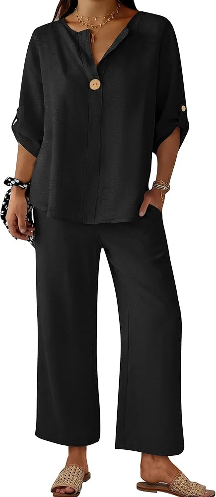ANRABESS Womens Summer 2 Piece Lounge Sets 3/4 Sleeve V Neck Top Wide Leg Palazzo Pants Set 2026 ... | Amazon (US)