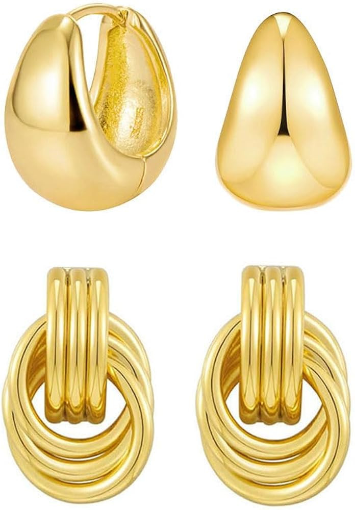 2 Pairs Gold Chunky Knot Earrings Huggie Hoop Earrings for Women Trendy Statement Earrings | Amazon (US)
