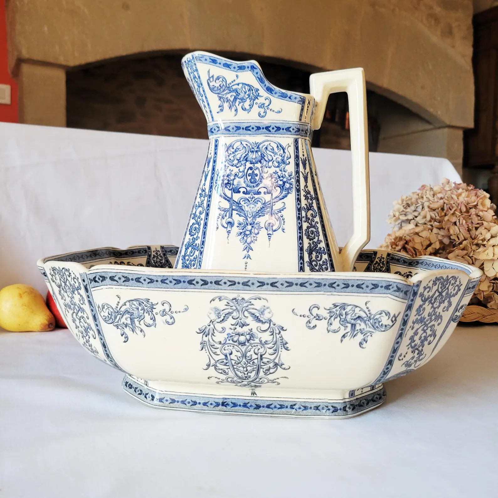 French Antique Large Bowl & Jug Toilette Set, Blue and White Transferware Based on Louis XIV Mous... | Etsy (US)