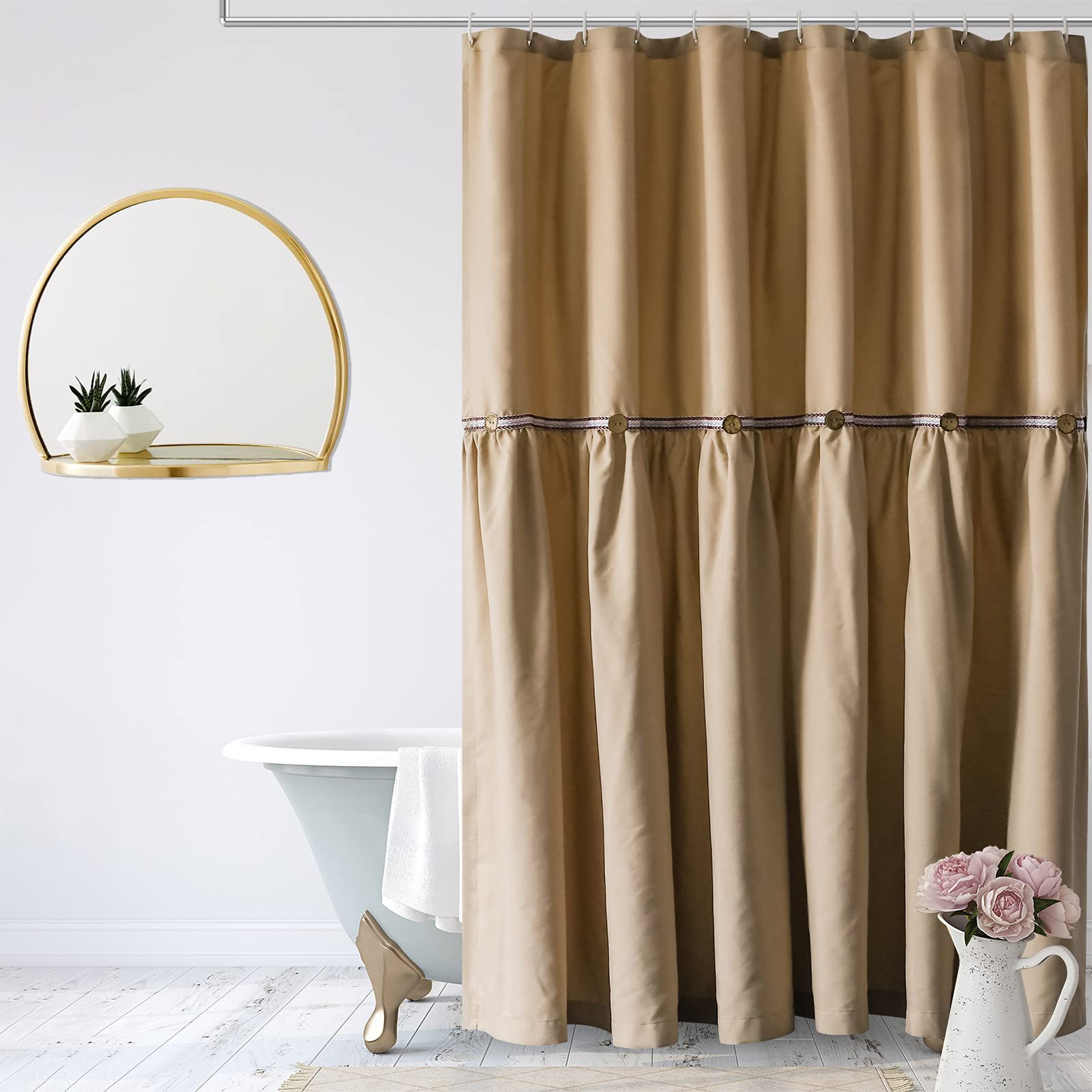 Farmhouse Shower Curtain-Button Boho Ribbon Decorative, Taupe Shower Curtains for Bathroom,Extra-... | Amazon (US)