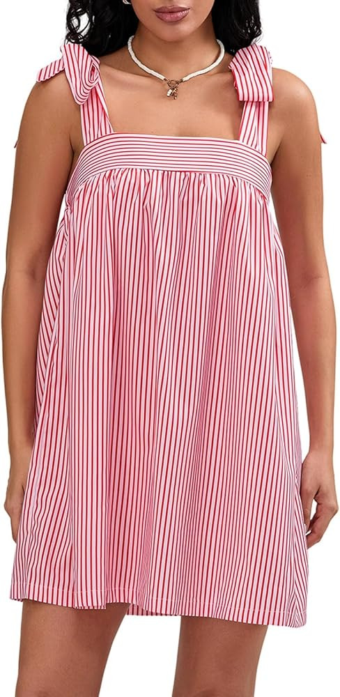 Women Floral Tie Shoulder Mini Dress Cute Square Neck Loose Fit Beach Short Dress Backless Boho V... | Amazon (US)