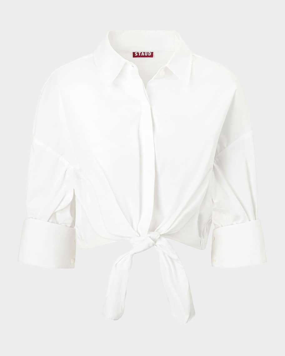 STAUD Lisa Tie-Front Cotton Shirting Crop Top | Neiman Marcus
