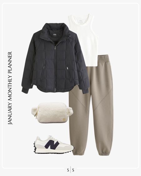Monthly outfit planner: JANUARY: Winter looks |  puffer packable coat,  Sherpa crossbody belt bag, sweats, New Balance sneakers, white tank 

Athleisure, activewear, weekend wear, casual style 

See the entire calendar on thesarahstories.com ✨ 

#LTKfitness #LTKstyletip