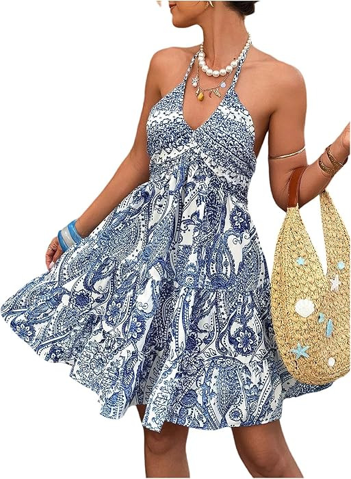 BEAUDRM Women's Halter Sundress Flowy Mini Dress Summer Beach Dress | Amazon (US)