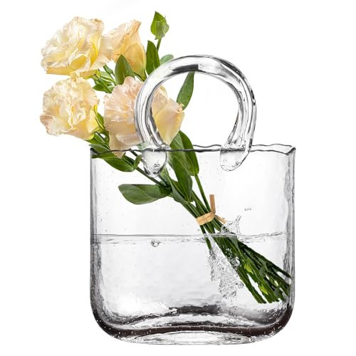 Clear Bag Glass Vases in Handbag Shape, Unique Clear Glass Purse Vases with Handle and Bubbles Design, Modern Art Flower Vases for Centerpieces Living Room Kitchen Office Wedding Decor (Clear) | Amazon (US)