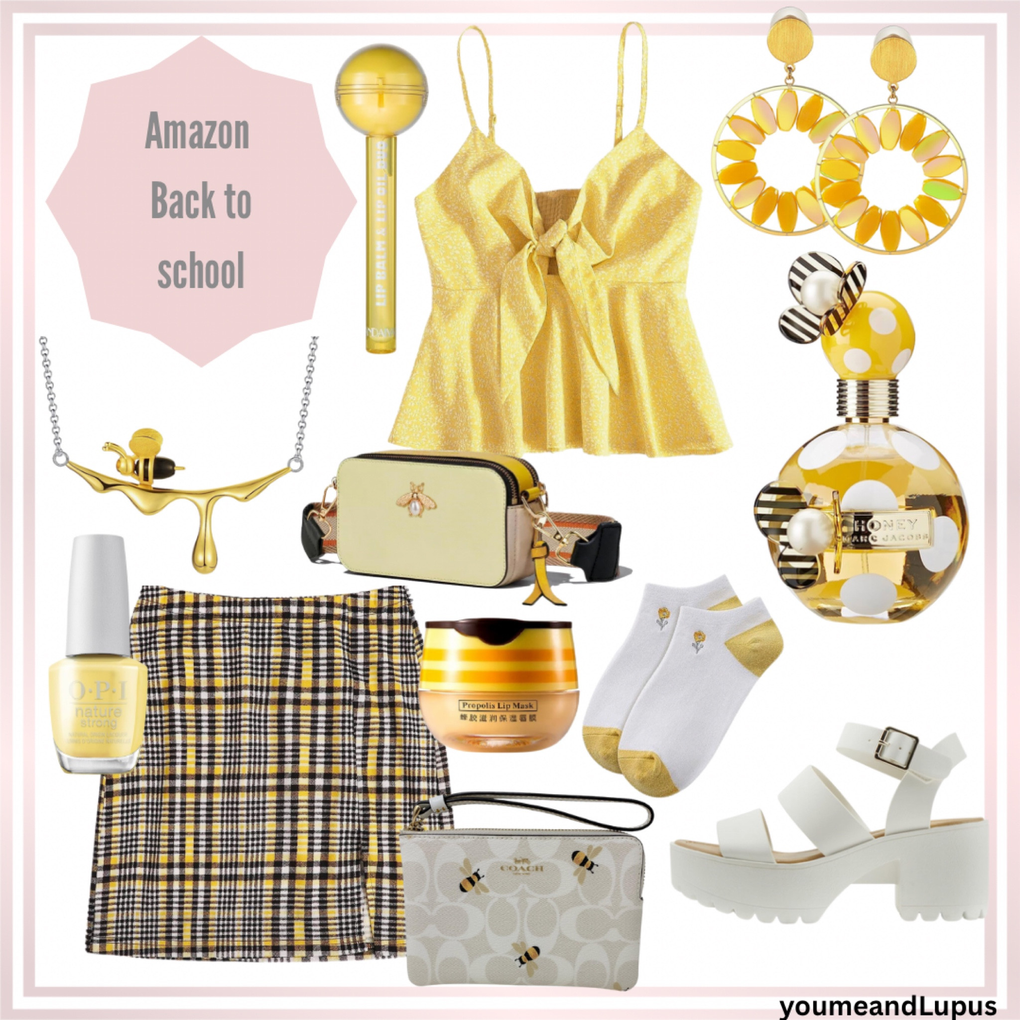 Amazon favorites back to school. Yellow top, perfume, honey bee necklace, bee socks, sandals, yellow mail polish, lip gloss, honey bee lip gloss, earrings, honey bee purses, YoumeandLupus 

#LTKSeasonal #LTKBacktoSchool #LTKstyletip