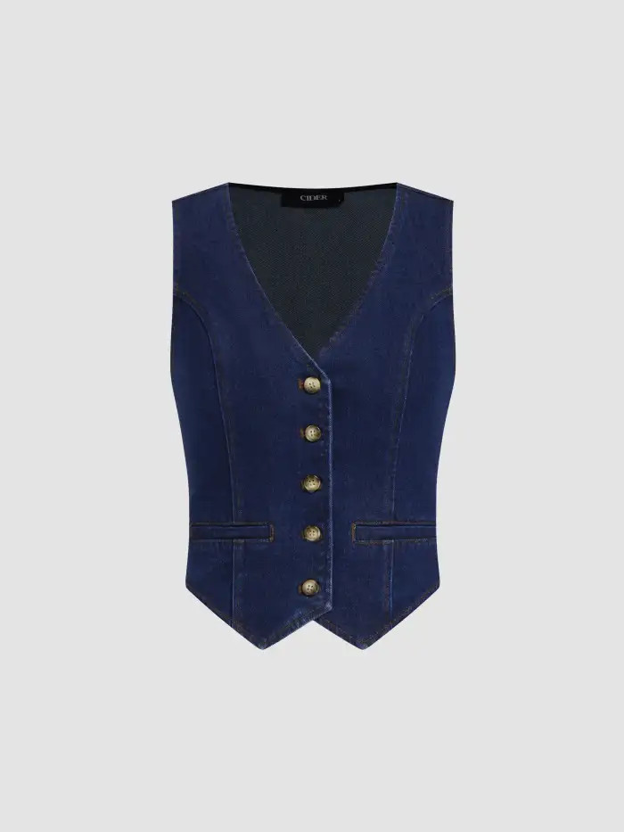 Denim V-neck Button Crop Vest | Cider
