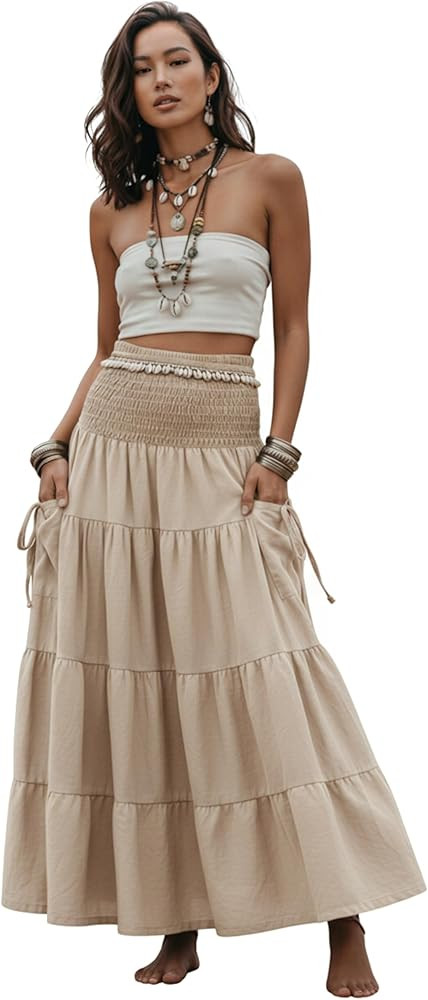 Thaluta Maxi Boho Skirt Long Pockets Cotton Hippie Bohemian Elastic Waist Gypsy Skirt | Amazon (US)