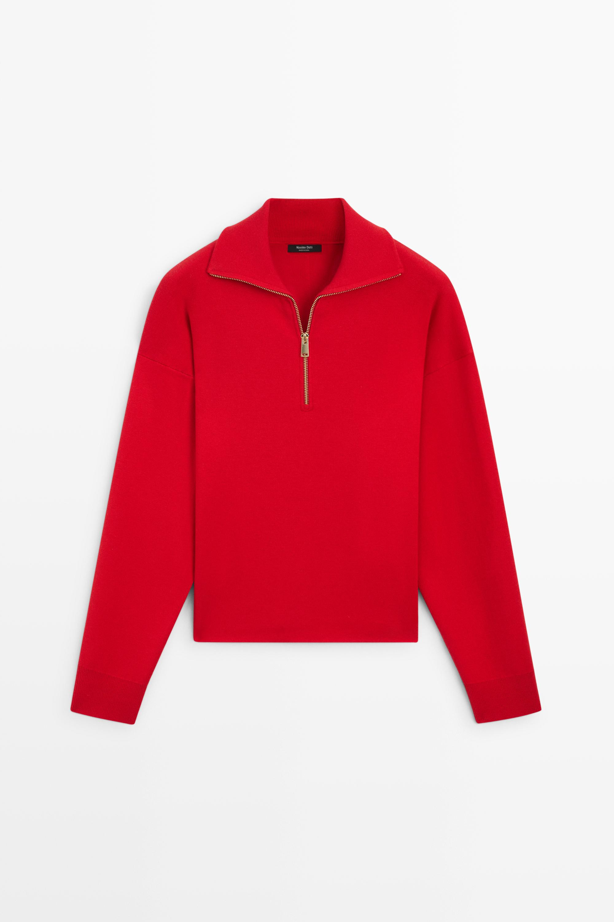 Cotton blend quarter-zip knit polo sweater | Massimo Dutti UK