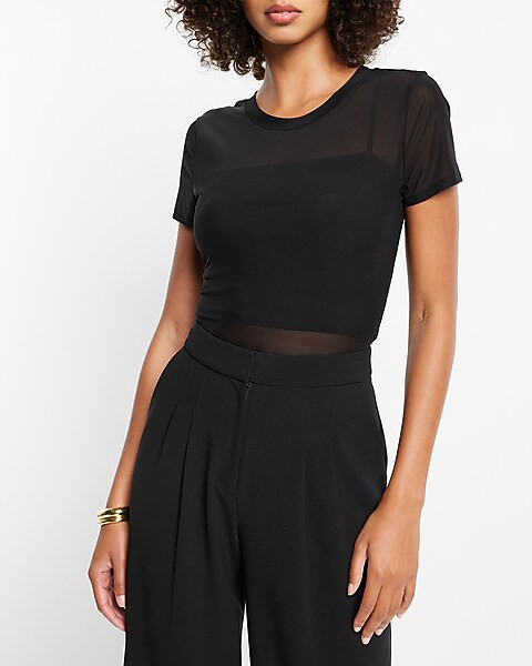 Fitted Crew Neck Mesh Cropped Tee | Express