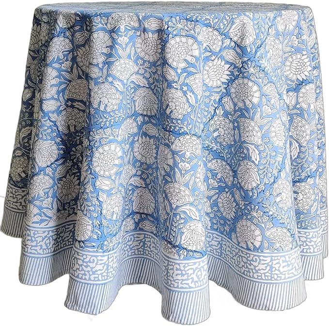 ATOSII Azora Blue 100% Cotton Round Tablecloth, Handblock Print Floral Table Cloth for Kitchen Di... | Amazon (US)