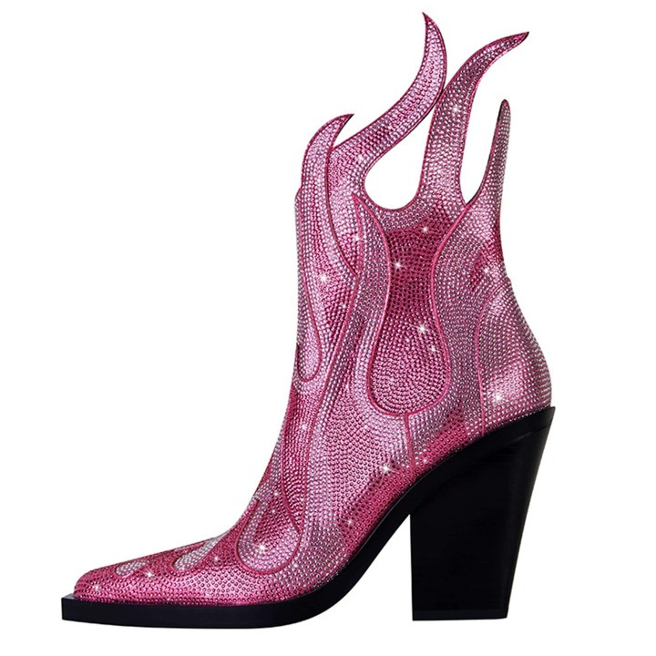 YIYA Womens Cowboy Boots For Christmas Party Sparkling Rhinestone Chunky Heeled Ankle Boots Point... | SHEIN