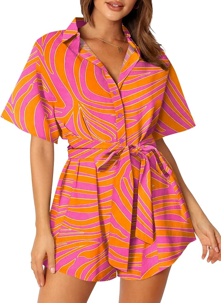 MIHOLL Women's 2025 Summer Rompers– Casual Floral Print Short Sleeve Button Loose Rompers Jumps... | Amazon (US)