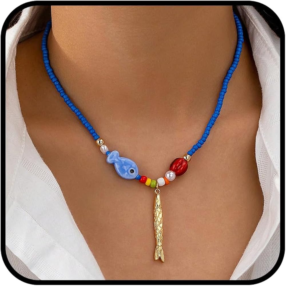 Bead Necklace For Women, Gold Fish Pendant With Colorful Beaded Chain Beach Starfish Charm Bohemi... | Amazon (US)
