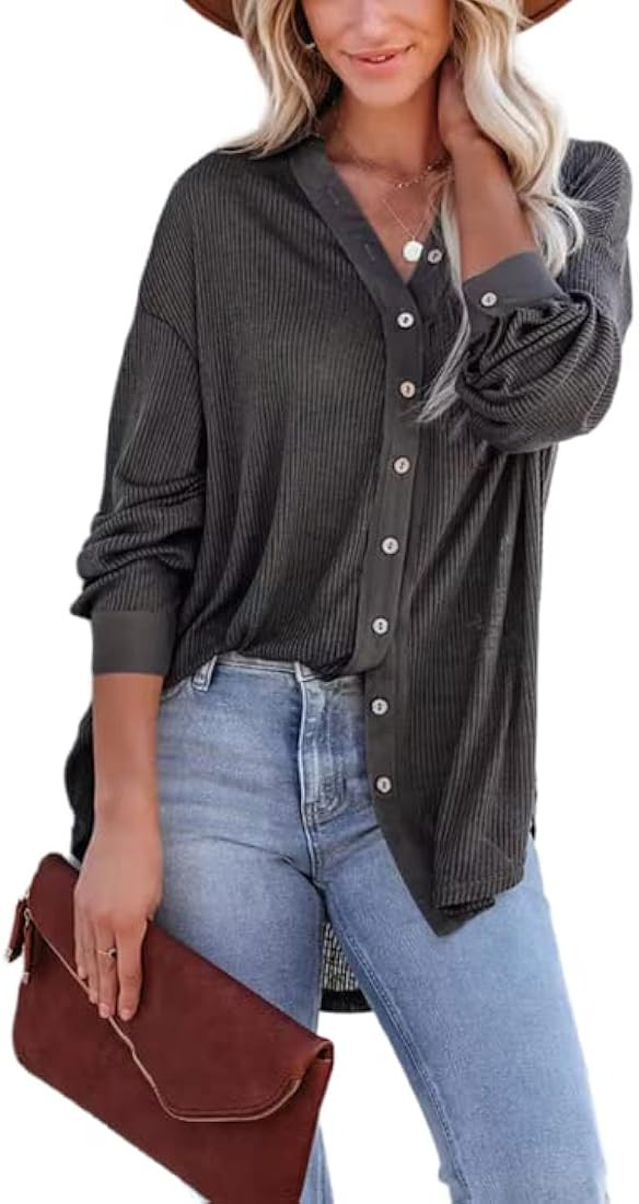 Hotouch Women Knit Button Down Shirt Ribbed V Neck Long Sleeve Dropped Shoulder Irregular Hem Loose  | Amazon (US)