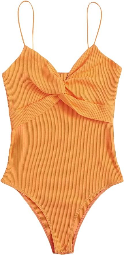 Milumia Women's Elegant Twist Front Spaghetti Strap Ribbed Knit Cami Bodysuit Tops | Amazon (US)