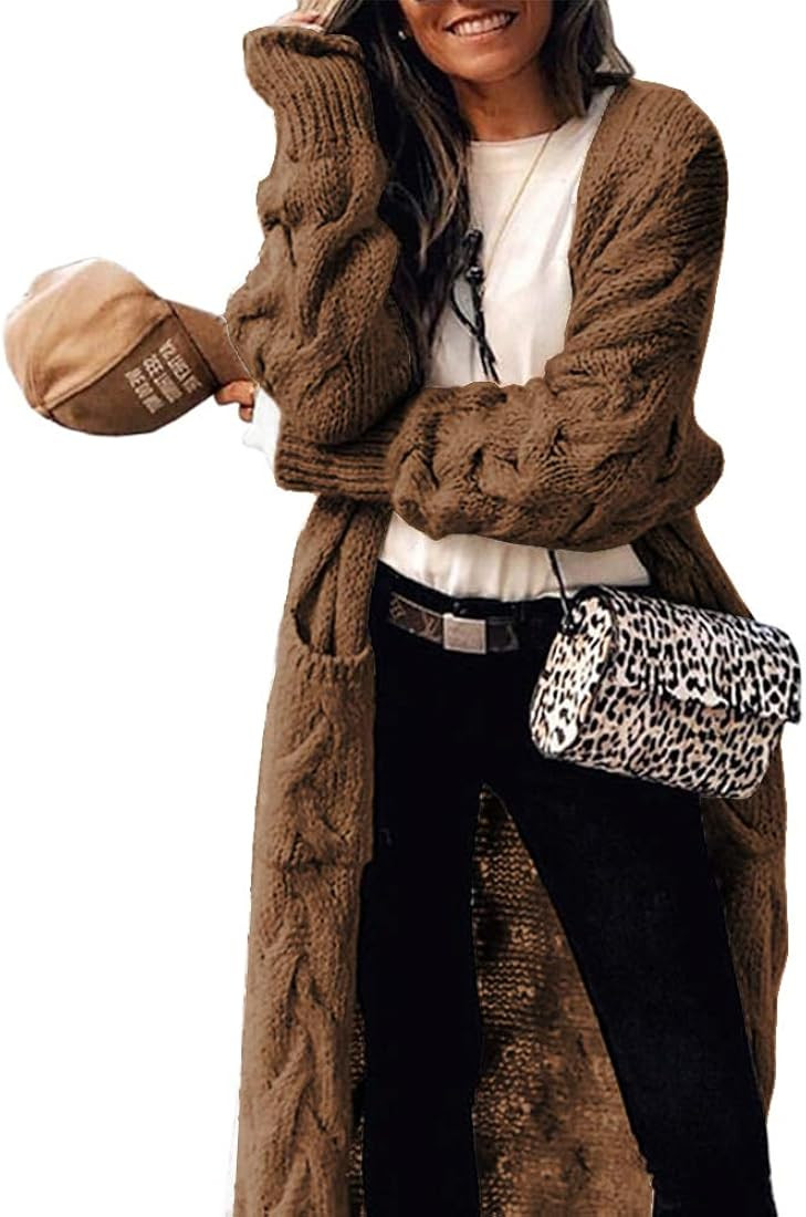 Aoysky Women's Long Cardigan Sweater Cable Knit Long Sleeve Sweater Loose Chunky Coats with Pocke... | Amazon (CA)