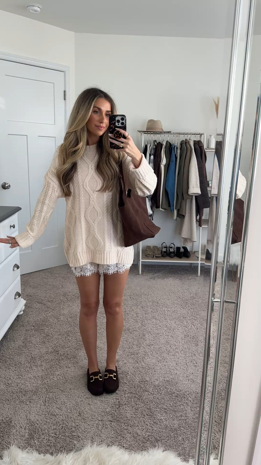 Elevated casual fall outfit 
+ amazon sweater: small
+ satin lace shorts: small
+ brown loafers: true to size 

Lace shorts 
Easy outfit 
Neutral outfit 
Amazon sweater 
Cableknit sweater 
Affordable outfit 
Walmart loafers 
Brown loafers 

#LTKSeasonal #LTKFindsUnder100 #LTKFindsUnder50