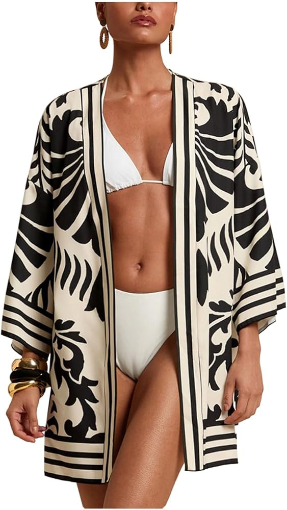 RoseSeek Women's Boho Beach Cover Up Graphic Kimono Open Front Long Sleeve Top Vacation Summer Ou... | Amazon (US)