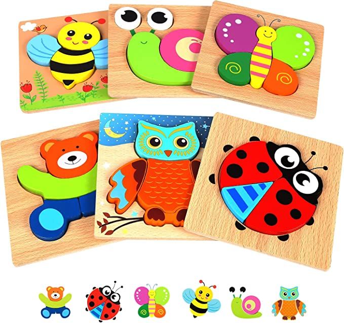 Springflower Wooden Toddler Jigsaw Puzzle Gift Toy for 1 2 3 Years Old Boys and Girls,6 Pack Anim... | Amazon (US)