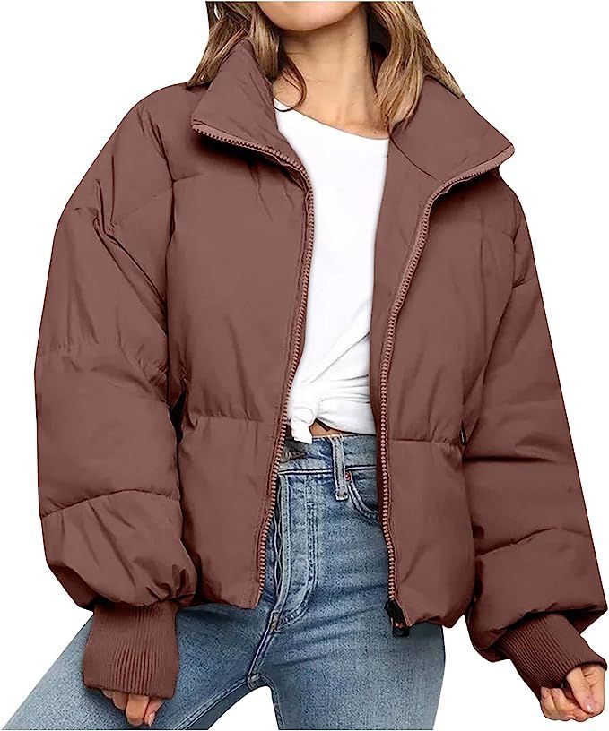 Puffer Jacket for Womens Winter Puffer Jacket Long Sleeve Zipper Short Down Coat with Pockets | Amazon (US)