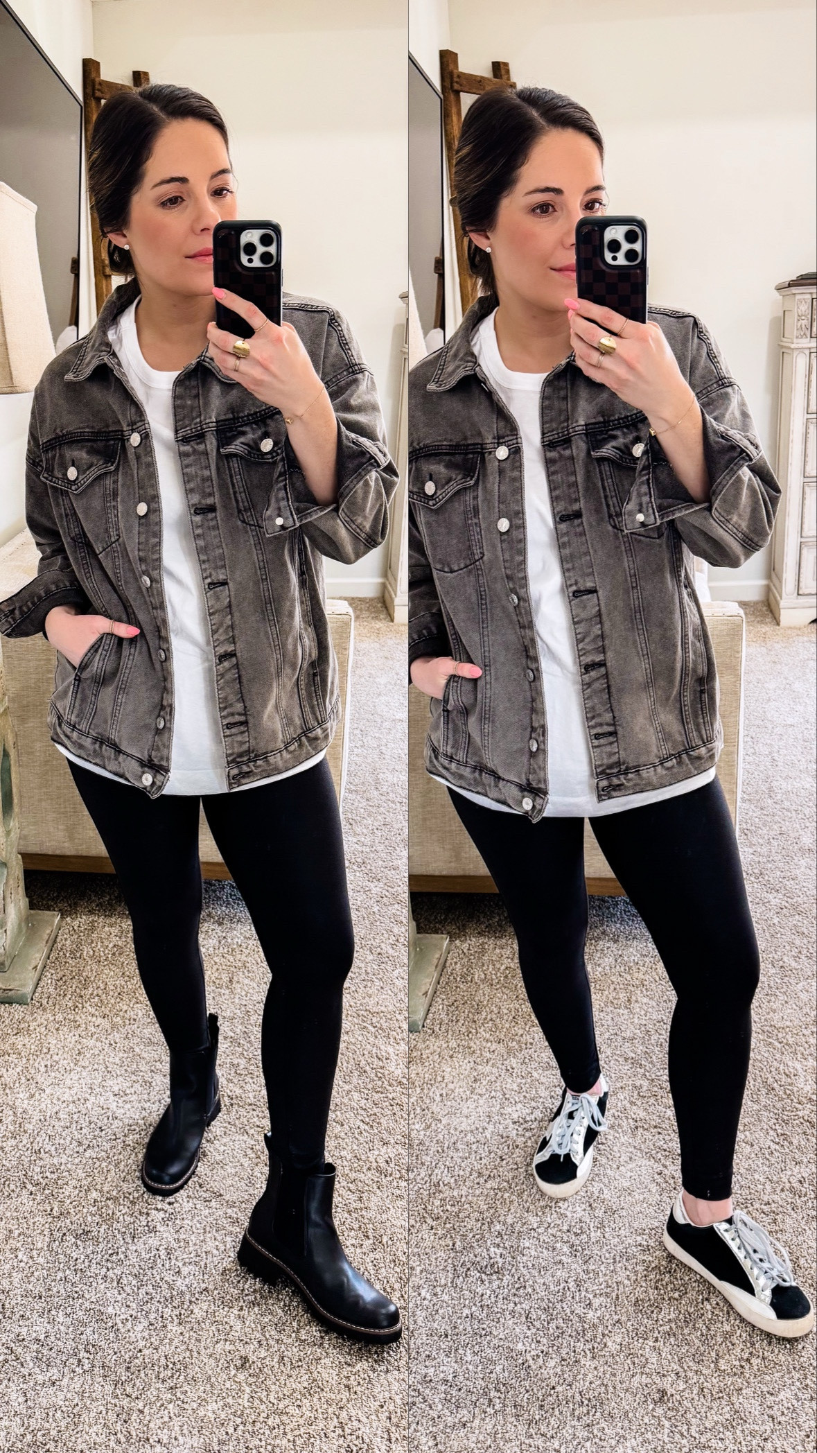 Two ways! Which one do you like? 
Love a good oversized jeans jacket (comes in multiple colors) and I’m wearing size small. Oversized tee from old navy size small. Leggings spare a faux matte leather off Amazon size medium and are a 25” inseam for all you 5’4 and under! Shoes are TTS!