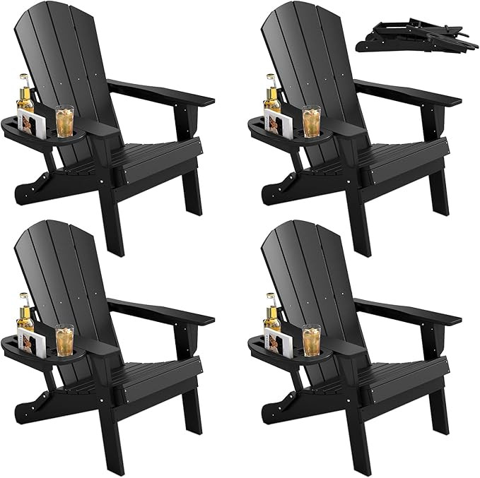 FOOWIN Folding Adirondack Chair Set of 4, HDPE Adirondack Chairs with Cup Holder, Weather Resista... | Amazon (US)