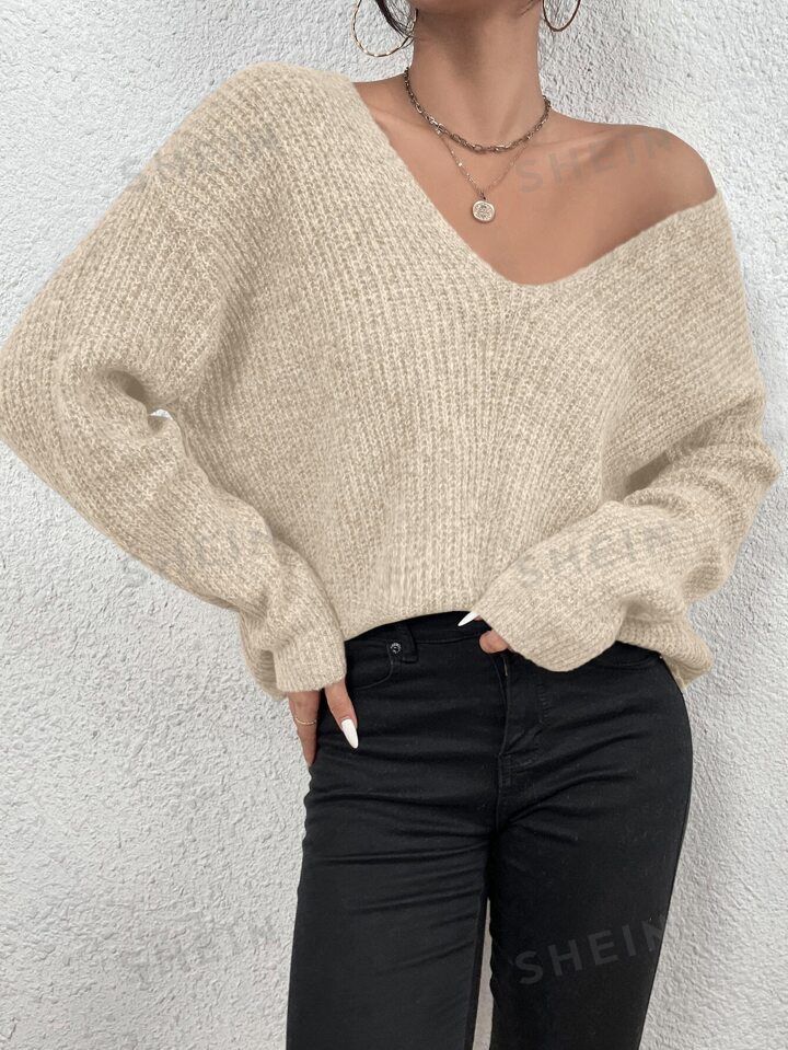 SHEIN Frenchy V-neck Drop Shoulder Ribbed Knit Sweater | SHEIN