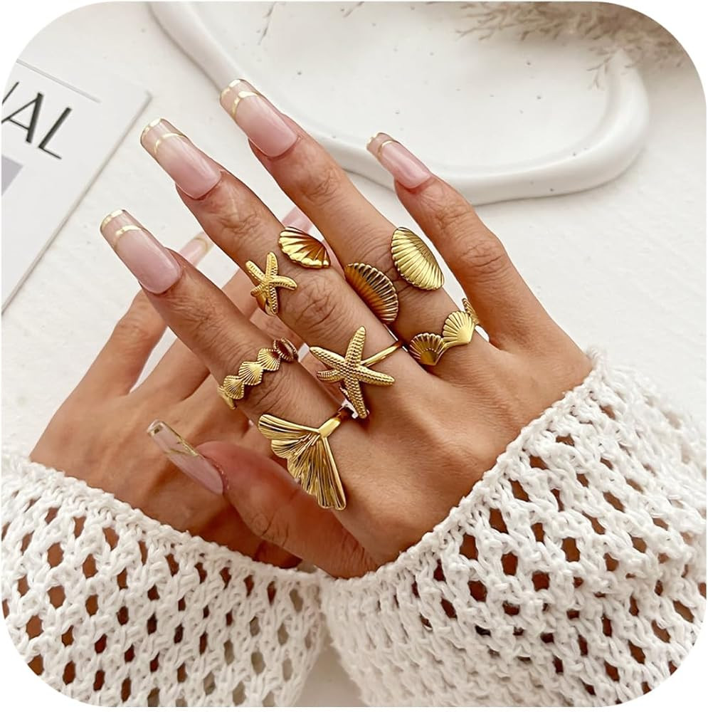 6PCS Chunky Gold Starfish Shell Rings for Women Trendy Dainty Summer Beach Stackable Stainless St... | Amazon (US)