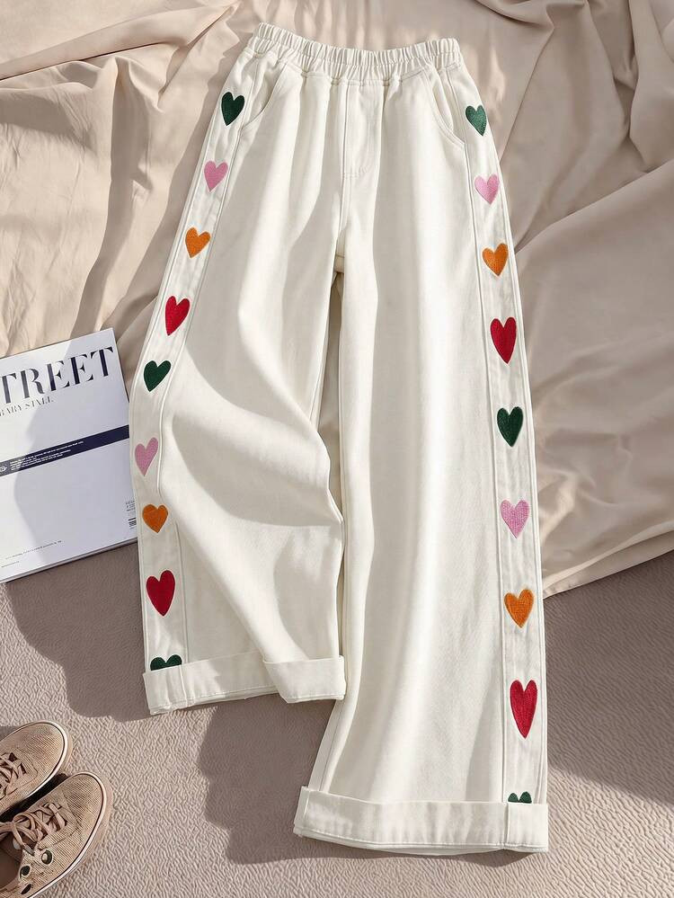GlowEve Women's Heart Embroidered Wide Leg Jeans | SHEIN