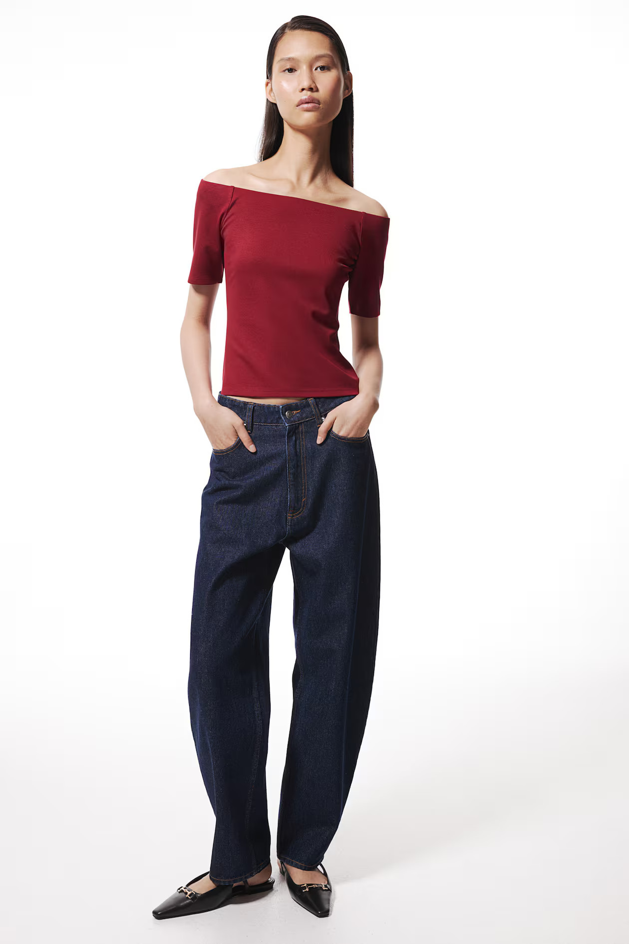 Off-the-shoulder Jersey Top - Short sleeve - Regular length - Dark red - Ladies | H&M US | H&M (US + CA)