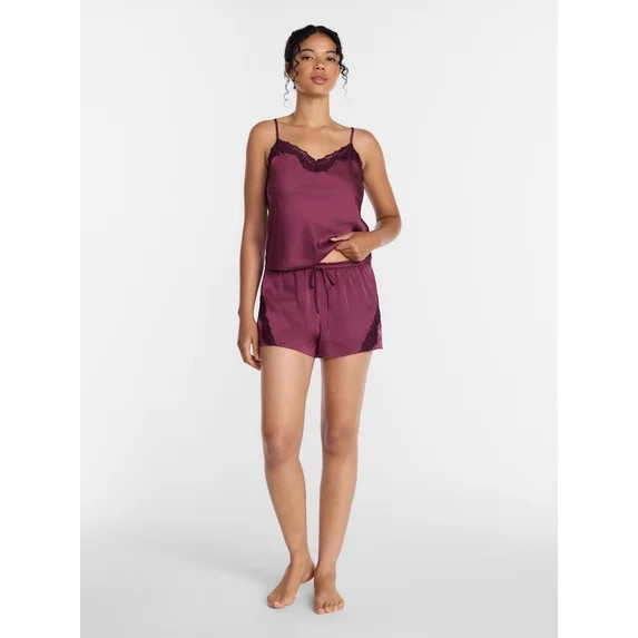 Joyspun Women’s Lace Trim Stretch Satin Cami and Shorts Set, 2-Piece, Sizes XS-3X | Walmart (US)