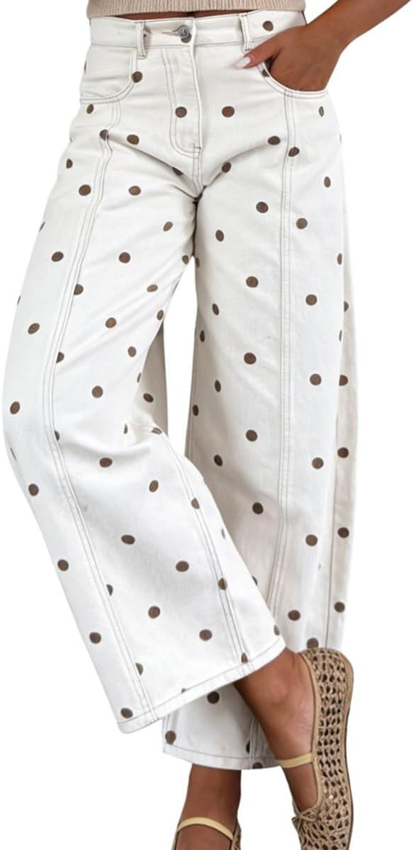 chouyatou Women Polka Dot Wide Leg Barrel Jeans Mid Rise Denim Ankle Pants | Amazon (US)